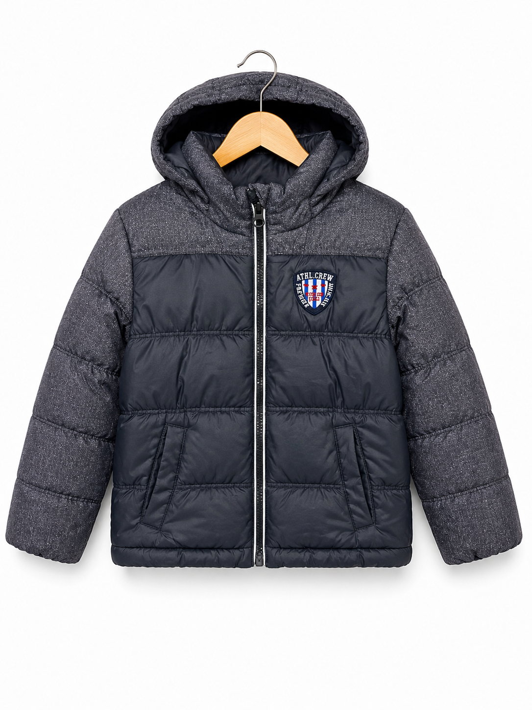 Kids ATHL. CREW Hooded Puffer Jacket – Charcoal Grey
