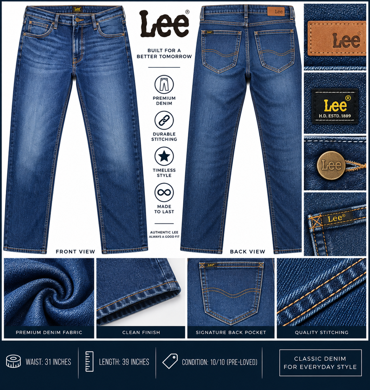 Lee Premium Blue Denim Jeans – Waist 31 | Pre-Loved 10/10